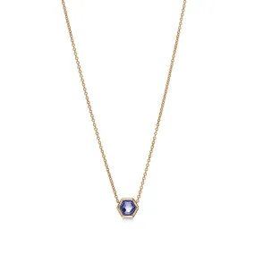 Paloma's Studio hexagon pendant in 18k gold with a tanzanite. 
